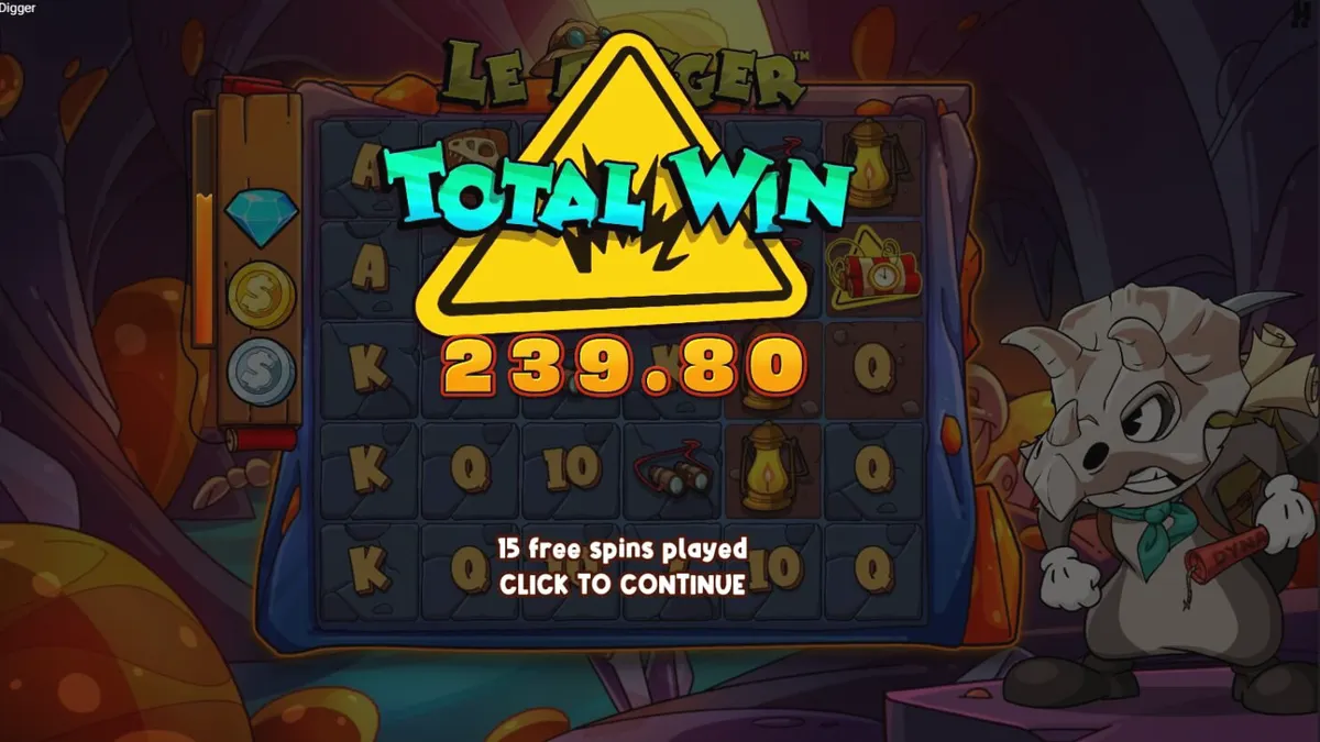 Tampilan antarmuka mobile slot Le Digger dengan karakter Smokey