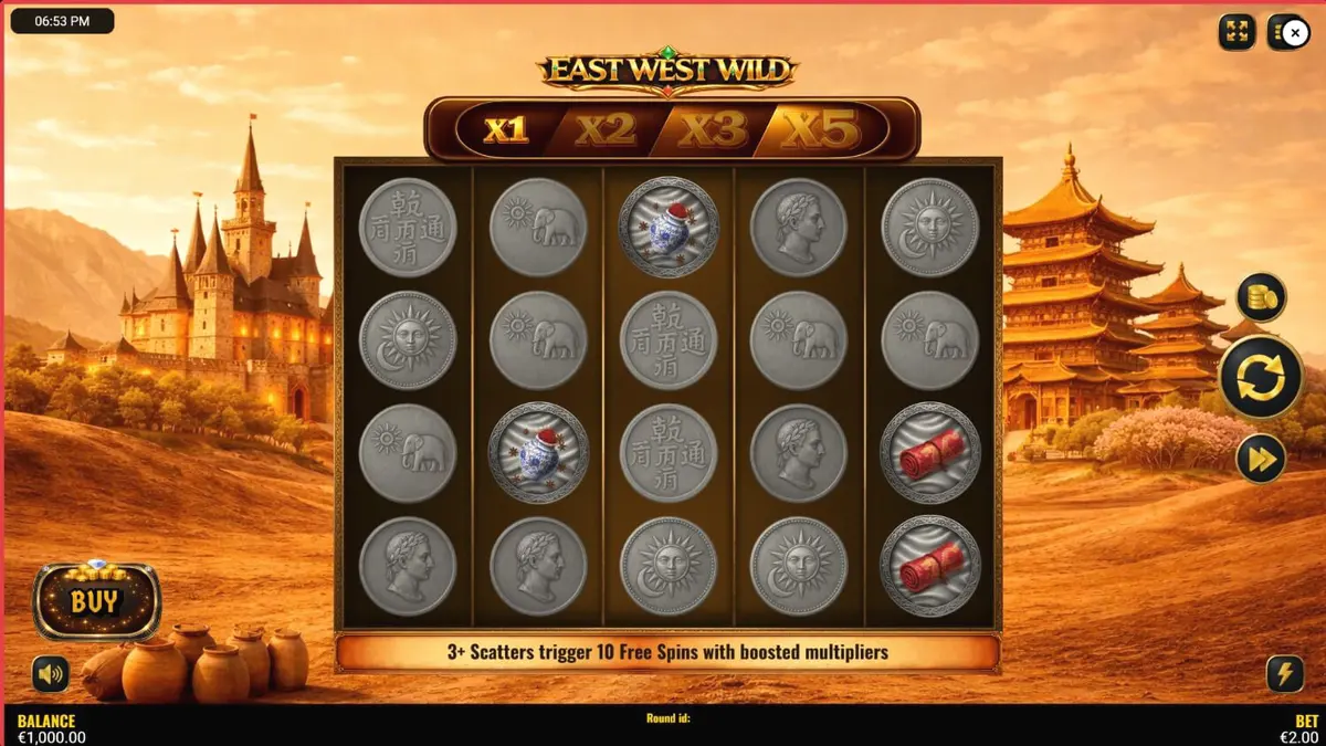 Tampilan visual slot East West Wild dengan tema Jalur Sutra dan simbol emas.